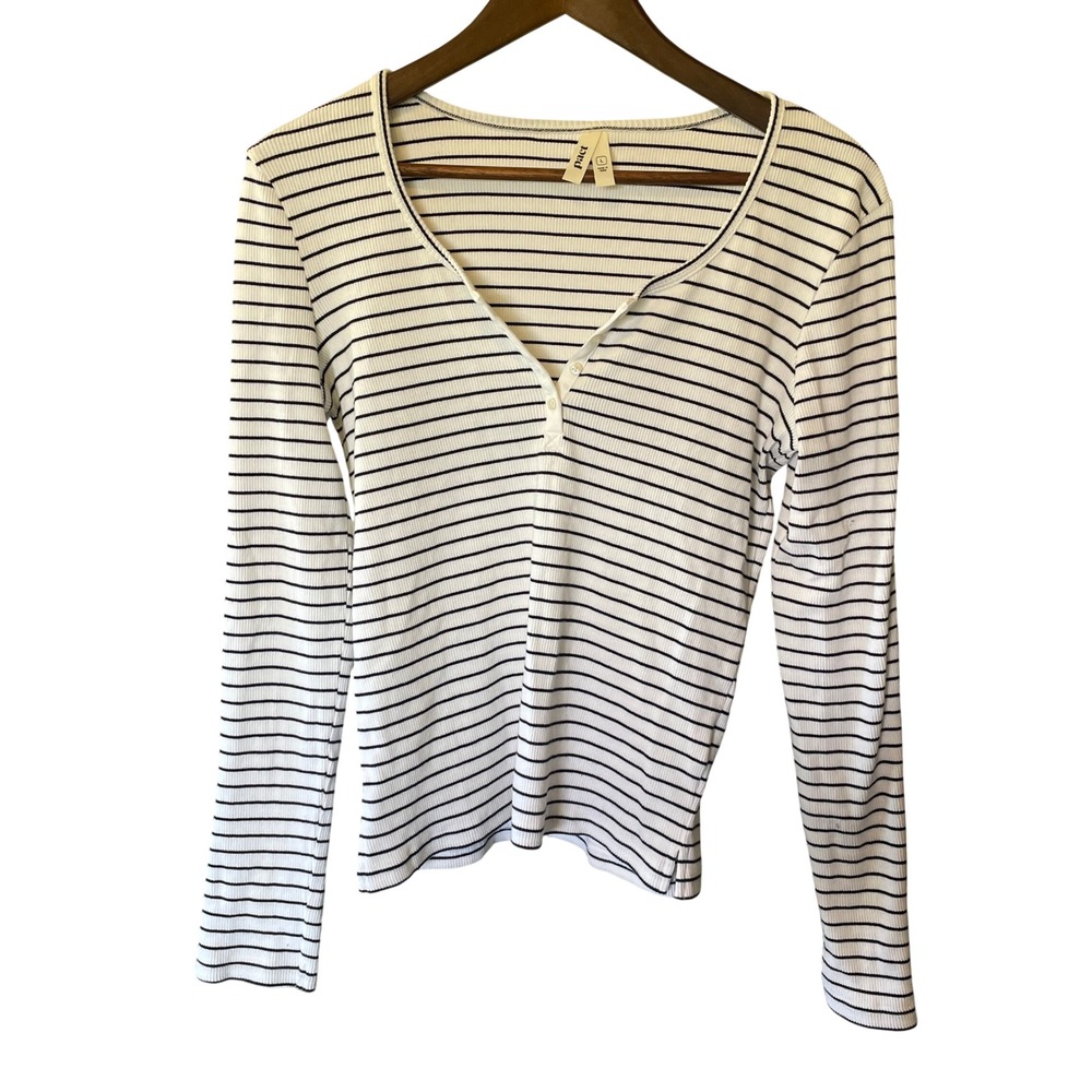 Pact Women Henley Preppy Organic Cotton Striped Top Size L Minimalist Fisherman